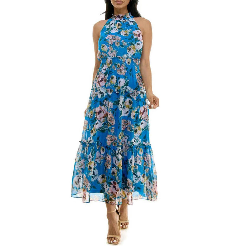 NINA LEONARD Blue Floral Chiffon Spring Dress Smocked Tiered Waterfall Large